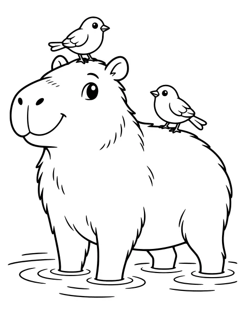 Large capybara standing in shallow water with a bird perched on its head and another bird resting on its back.