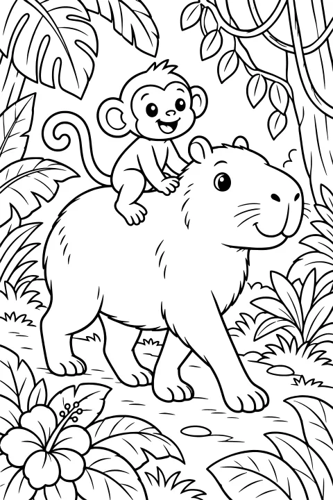 Monkey riding on a walking capybara among tropical leaves, vines, tree trunks, ground plants, and a large flower.
