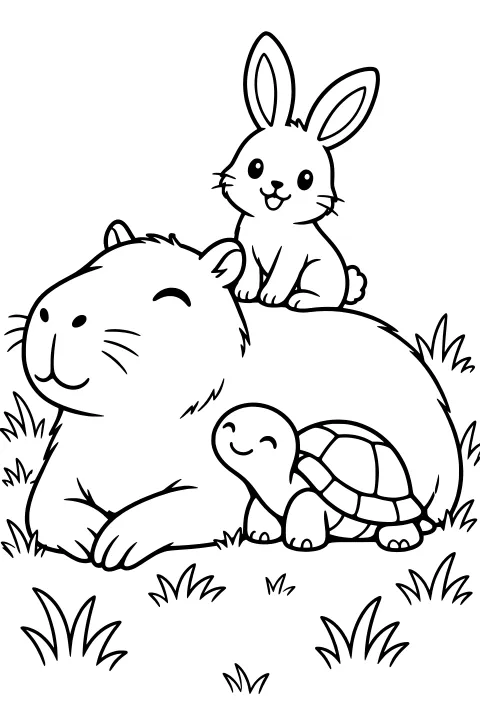 A resting capybara with a rabbit seated on its back and a turtle beside its front leg, surrounded by scattered tufts of grass.