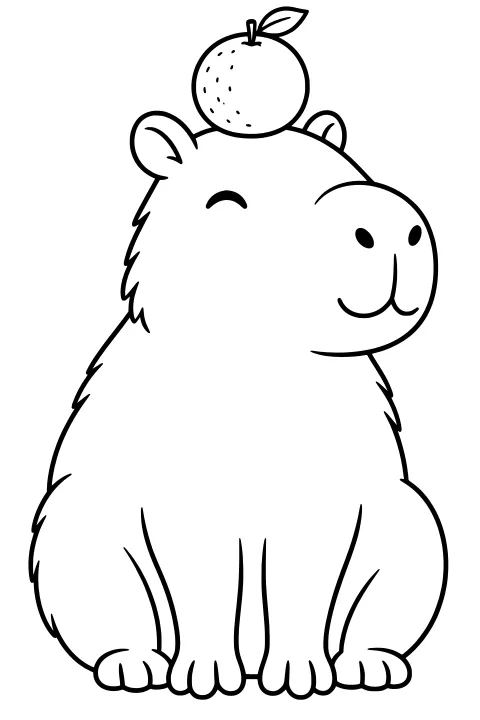 Seated capybara with rounded ears, shaggy side fur, large paws, and a leafy orange balanced on its head.