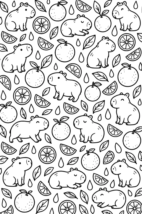 Repeating line-art pattern of capybaras in varied poses surrounded by whole citrus fruits, slices, wedges, leaves, and droplets.