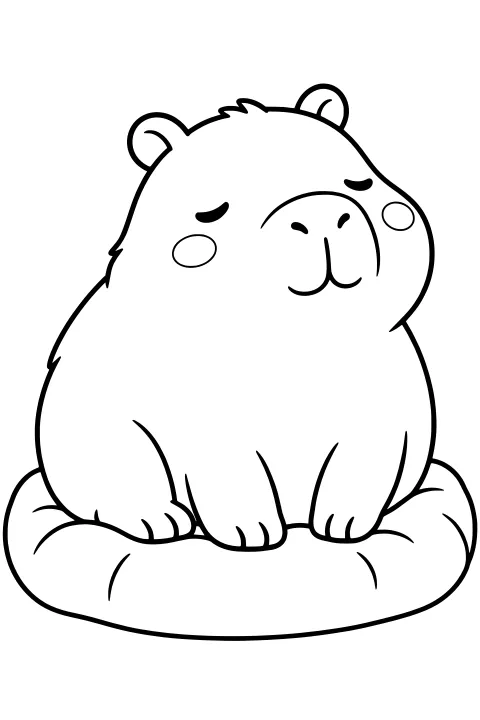 Round capybara sitting upright on a plump cushion with closed eyes, cheek circles, rounded ears, a broad muzzle, and visible front paws.