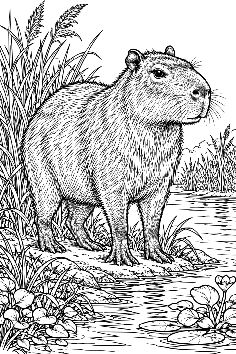 Realistic capybara standing beside a rippling river among tall reeds, grasses, leafy plants, lily pads, and flowers.