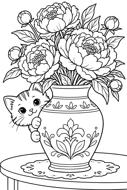 Cat peeking around a decorated vase filled with blooming peonies, flower buds, and leafy stems on a cloth-covered round table.