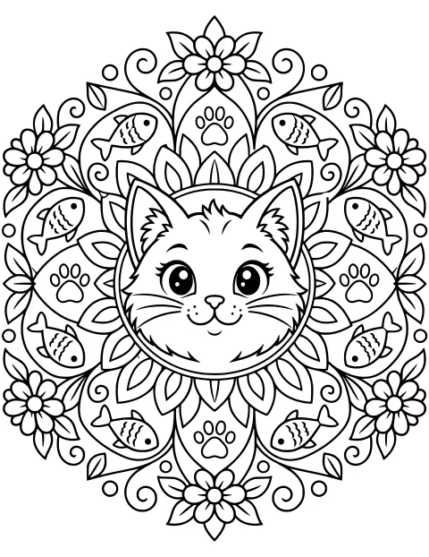 Wide-eyed cat face centered within a detailed circular mandala of petals, flowers, leaves, vines, paw prints, and fish motifs.