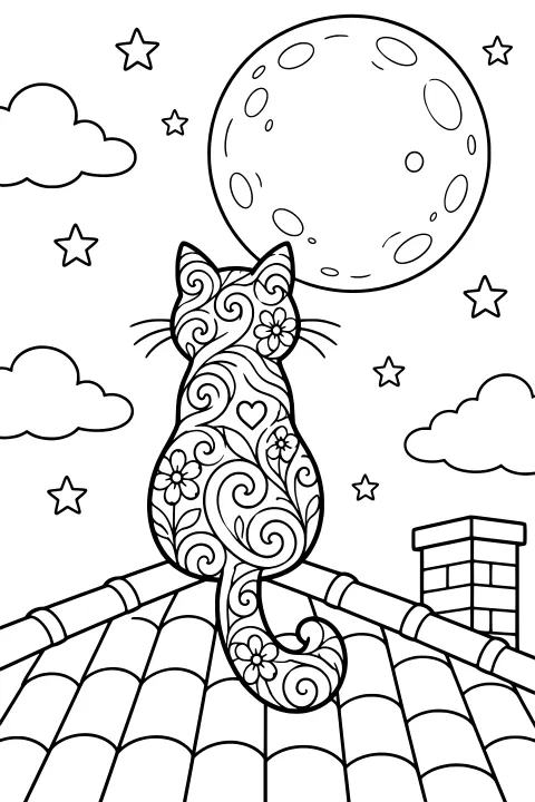 Rear view of a patterned cat sitting on a tiled roof and looking toward a large cratered moon, with stars, clouds, and a chimney in the night sky.