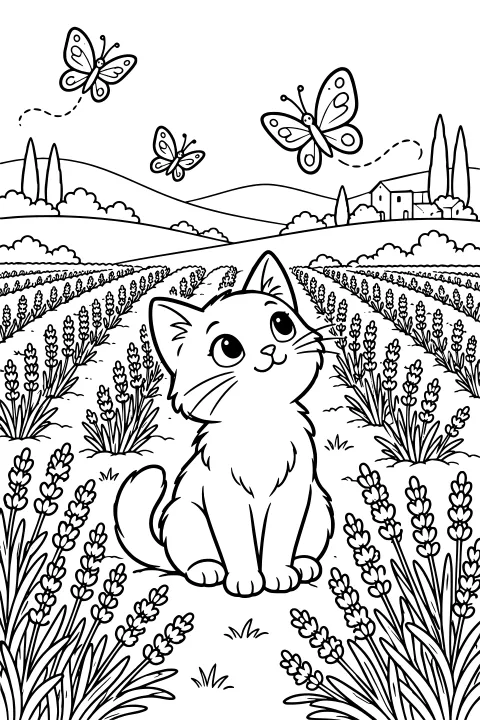 Fluffy seated cat looking up at butterflies above rows of lavender, with rolling fields, shrubs, slender trees, and a farmhouse in the distance.