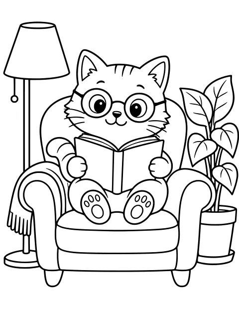 Cat wearing round glasses and holding an open book while seated in an armchair beside a floor lamp and leafy potted plant.