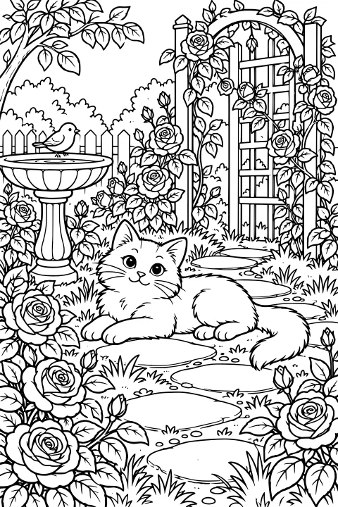 Fluffy cat resting on a winding path among roses, with a birdbath, perched bird, picket fence, leafy branches, and a flower-covered garden arbor.