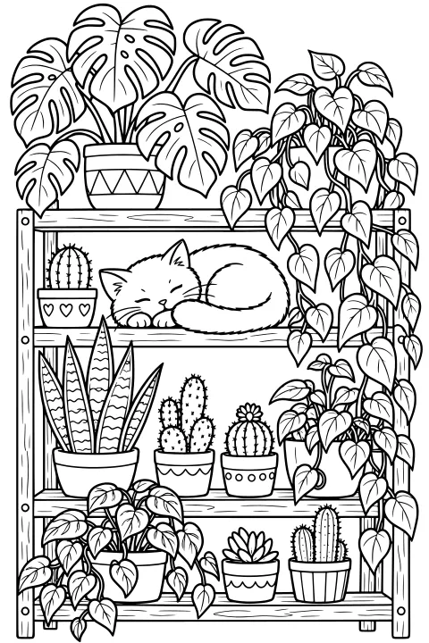 Curled sleeping cat on a plant shelf among broad leaves, trailing vines, cacti, succulents, and patterned pots.