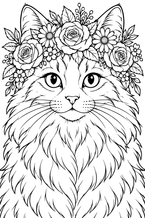 Front-facing long-haired cat with large eyes, pointed ears, long whiskers, layered chest fur, and a crown of roses, daisy-like flowers, leaves, and buds.