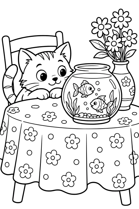 Striped cat peering at fish swimming among bubbles, plants, and pebbles in a round bowl on a flower-patterned table beside a vase of flowers.