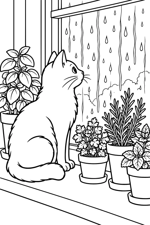 A fluffy cat sits on a windowsill among potted plants, looking up at raindrops and water trails on the glass.