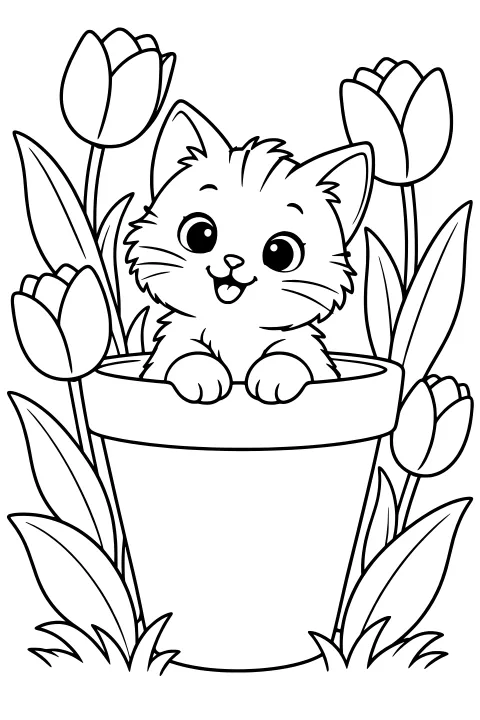 Kitten peeking from a large flowerpot, surrounded by tall flowers, pointed leaves, stems, and grass.