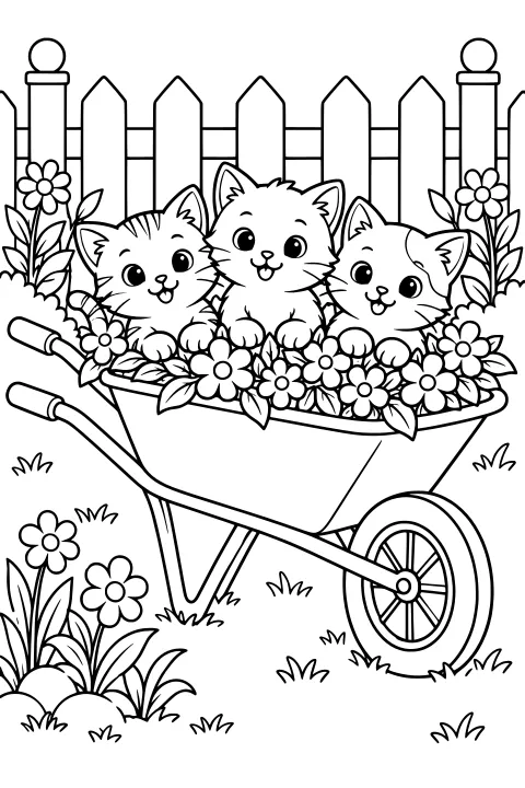 Three kittens sitting among flowers in a wheelbarrow beside a picket fence, surrounded by leafy plants and grass.