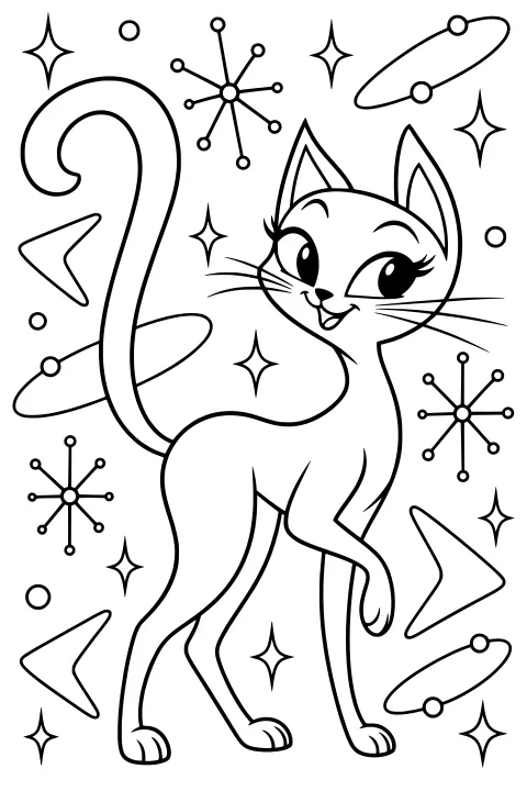 Cartoon cat with large eyes, pointed ears, a curled tail, and a raised paw amid starbursts, ringed planets, atomic symbols, circles, and angular shapes.