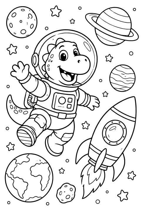 Dinosaur astronaut waving while floating beside a finned rocket, surrounded by stars, a ringed planet, a cratered moon, an Earth-like globe, and smaller space objects.