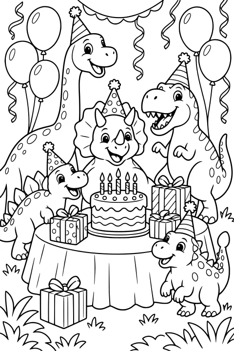 Dinosaurs in party hats gathered around a candle-topped cake, wrapped gifts, balloons, curling streamers, bunting, a covered table, and patches of grass.