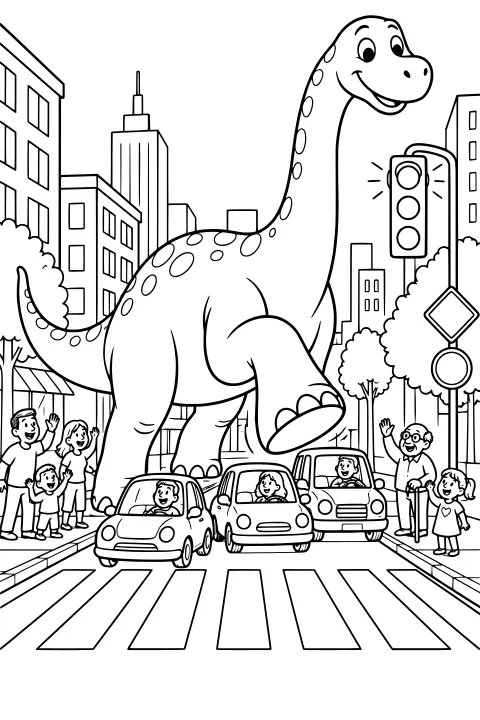 Long-necked spotted dinosaur stepping over cars at a city crosswalk, with waving pedestrians, buildings, trees, road signs, and a traffic signal.