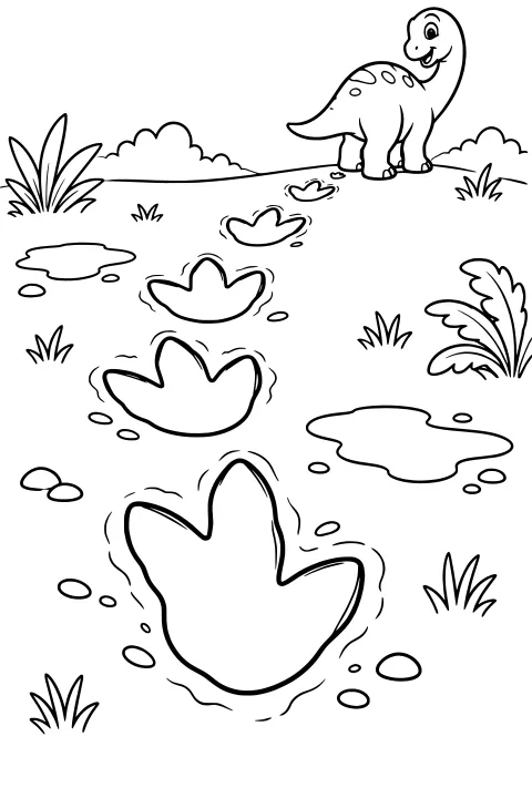 Large dinosaur tracks cross a landscape with puddles, stones, grass, leafy plants, bushes, and a long-necked dinosaur in the distance.
