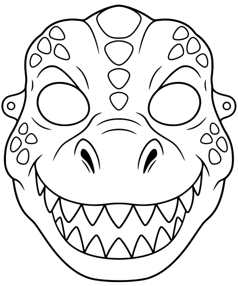 Front-facing dinosaur mask outline with eye openings, a broad snout, pointed teeth, forehead plates, spots, and side tabs.