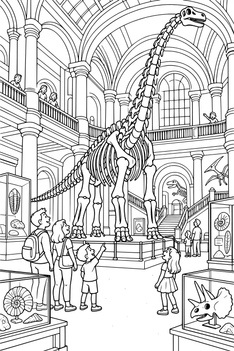 Long-necked dinosaur skeleton displayed in a vaulted museum hall with visitors, fossil cases, columns, stairs, and upper galleries.