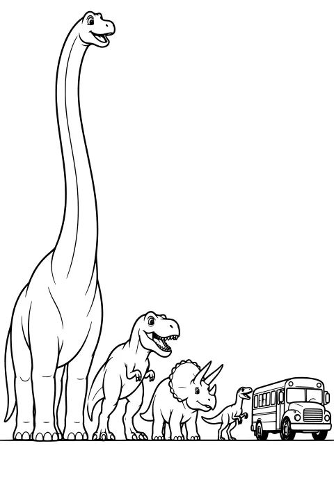 Black-and-white line art of dinosaurs arranged by height beside a school bus, including a towering long-necked dinosaur, a horned dinosaur and smaller upright dinosaurs.