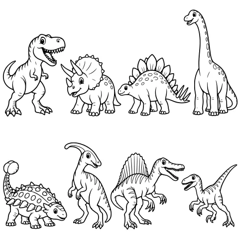 Line art of varied dinosaurs standing in rows, including long-necked, horned, plated, crested, sail-backed, and club-tailed forms.