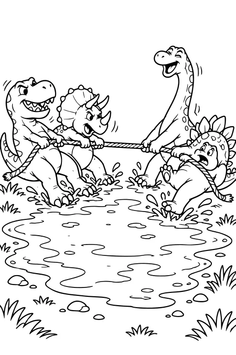 Dinosaurs play tug of war across a shallow pool, with sharp-toothed and horned dinosaurs opposing long-necked and plated dinosaurs.