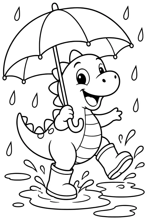 Dinosaur holding a wide umbrella and stepping through puddles in rain boots, with raindrops, splashes, back spikes, and a curved tail.