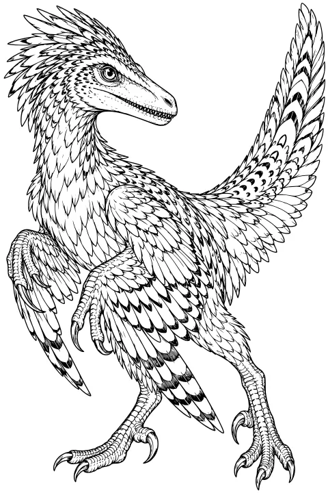 Feathered raptor dinosaur with layered plumage, raised forelimbs, a narrow snout, curved claws, and a long upright tail.
