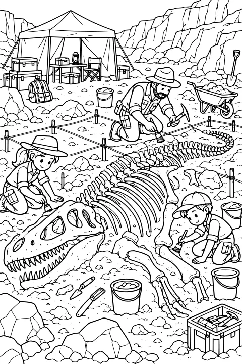 Excavators working around an exposed dinosaur skeleton at a rocky dig site with a tent, tools, buckets, crates, and a wheelbarrow.