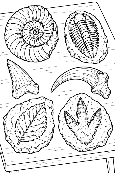 Fossil specimens on a display surface, including a spiral shell, trilobite, tooth, curved fossil, leaf impression, and track in stone.