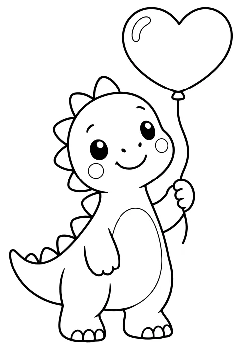Round dinosaur holding a heart-shaped balloon by its string, with large eyes, cheek circles, back plates, a curved tail, and small claws.
