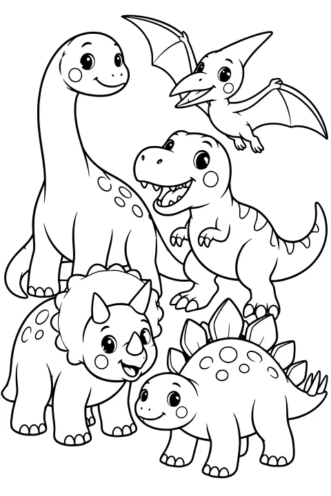 Cute prehistoric creatures with large eyes, curved smiles, horns, back plates, long necks, tails, and wings gathered together.