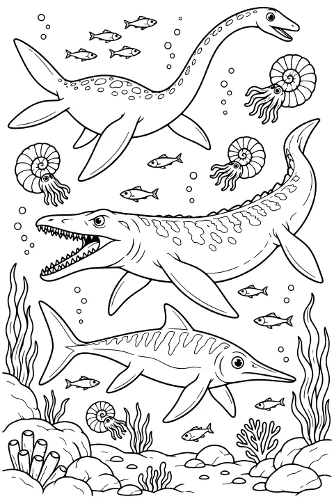 Prehistoric marine reptiles swimming among fish, coiled ammonites, bubbles, sea plants, rocks, and coral-like forms.