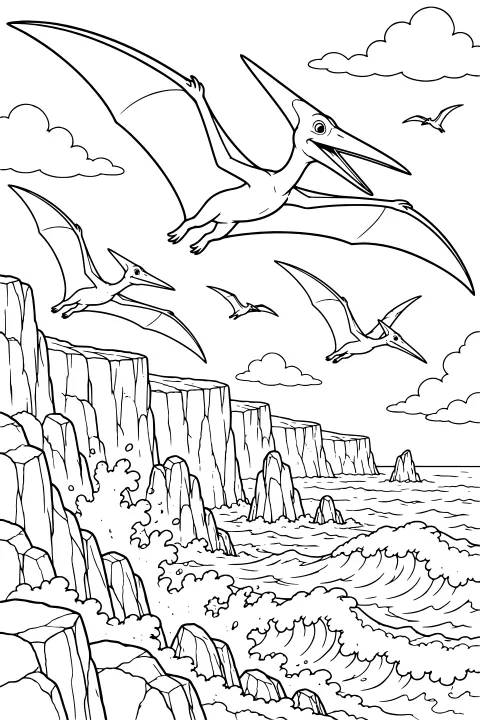 Pterosaurs flying above steep coastal cliffs, rocky sea stacks, curling ocean waves, and scattered clouds.