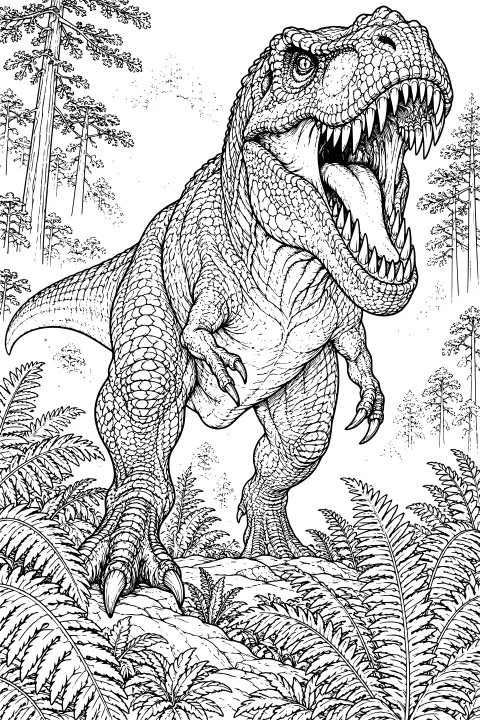 Realistic T-Rex with open jaws walking through ferns and conifer trees, with rocky cliffs and clouds in the distance.