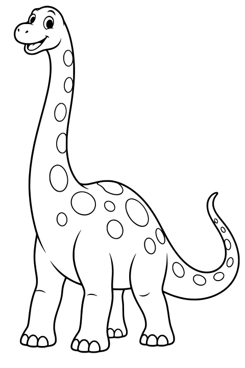Long-necked dinosaur with rounded spots, sturdy legs, a raised head, and a curled tail