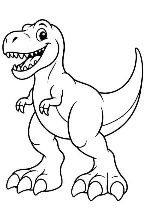 Cartoon T-Rex standing with an open mouth, short clawed arms, sturdy legs, large feet and a long curved tail.
