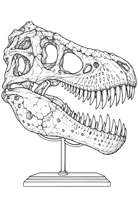 Detailed T-Rex skull with open jaws, large sockets, pointed teeth, textured bone surfaces, and a pedestal display stand