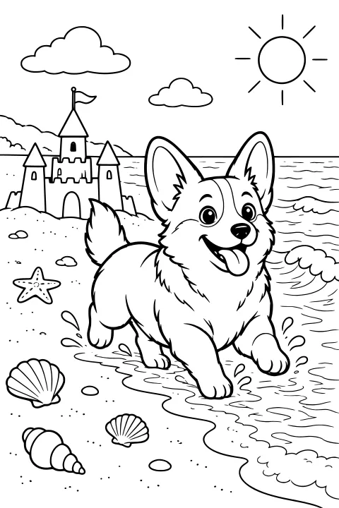 Line art of a corgi running at the water’s edge beside ocean waves, with a sandcastle, seashells, a starfish, clouds, and the sun.