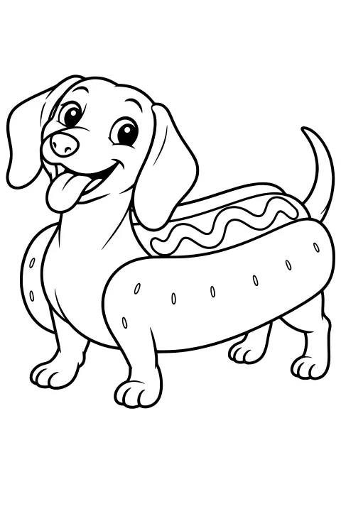 Long-bodied dachshund standing in a hot dog costume with floppy ears, tongue out, raised tail, a bun, and a wavy condiment topping.