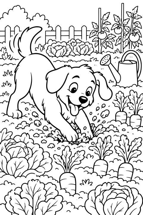 Floppy-eared dog digging in a vegetable garden among carrots, cabbages, tomato plants, leafy beds, a watering can, and a fence.