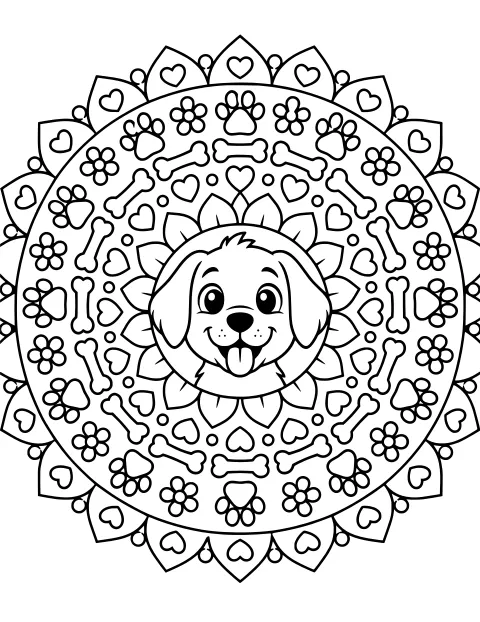 Black-and-white line art of a floppy-eared dog face with its tongue out, centered within a circular mandala of petals, hearts, paw prints, bones, and flowers.