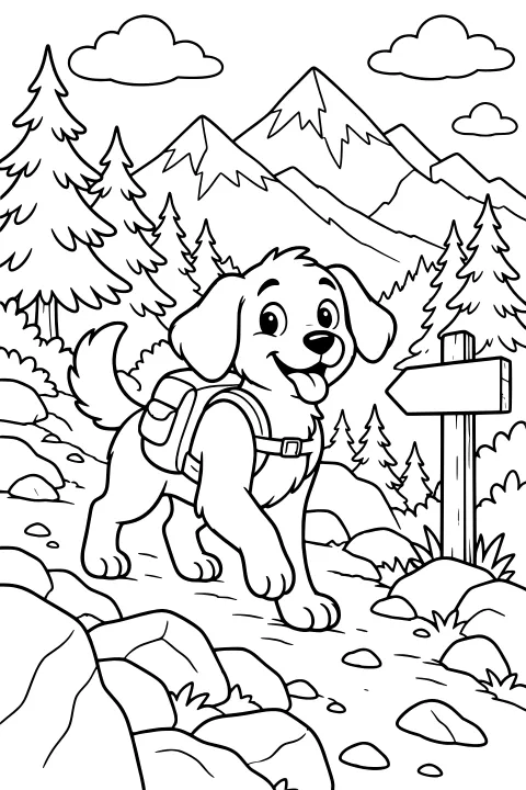 Backpack-wearing dog walking on a rocky mountain trail with pine trees, distant peaks, clouds, shrubs, and a wooden signpost.