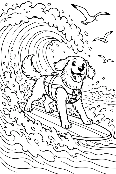 Shaggy dog in a strapped vest riding a surfboard beneath a curling wave, surrounded by foamy spray and flying seabirds.