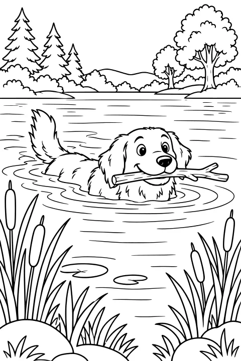 Shaggy dog carrying a forked stick while swimming among ripples, lily pads, reeds, and cattails, with trees and hills along the distant bank.