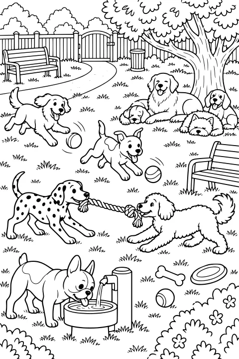 Dogs playing, resting, tugging a rope toy, chasing balls, and drinking from a fountain in a fenced park with benches and a large tree.