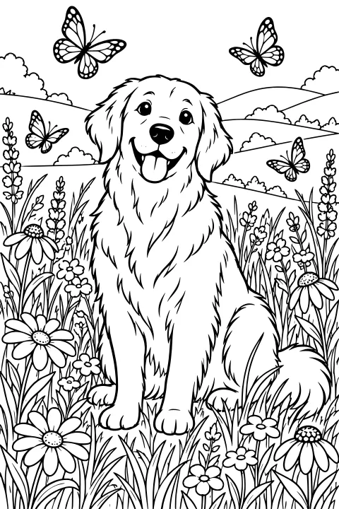Fluffy golden retriever sitting among tall grass and wildflowers as butterflies fly over rolling hills and shrubs.
